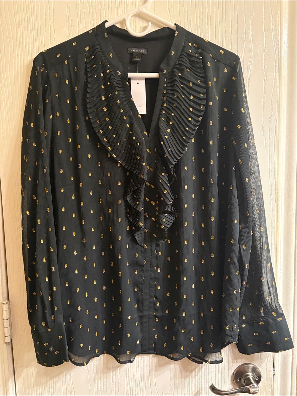 Ann Taylor Black Blouse with Gold Dot Ruffle V-Neck